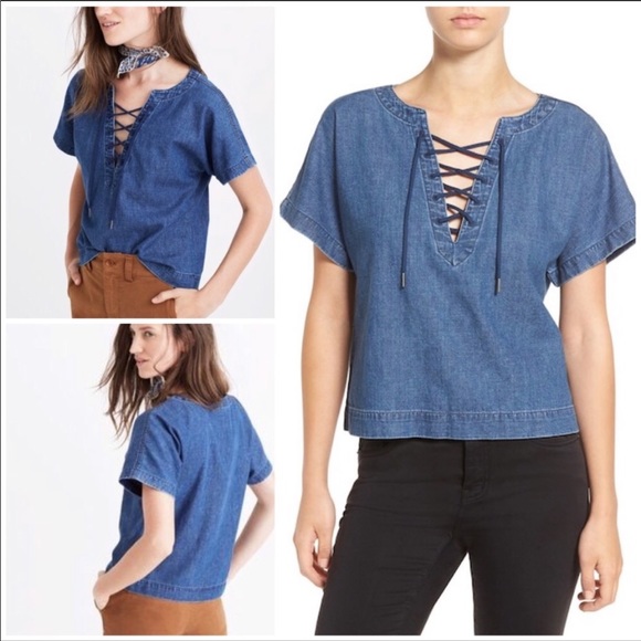 Madewell Tops - Madewell chambray lace front short sleeve top